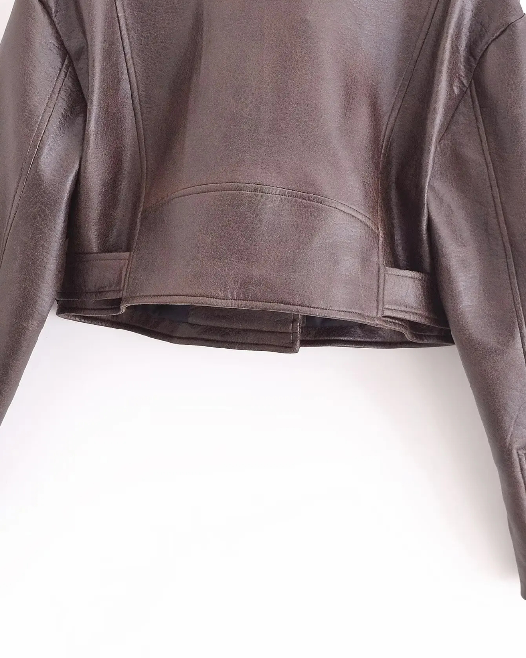 Aria | Elegante Damen-Cropped-Kunstlederjacke mit Gürtel